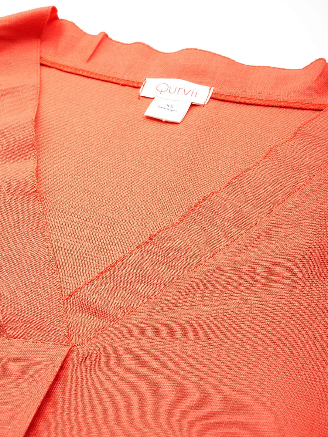 Orange Solid cotton slub V-neck top with regular sleeves with pant co-ord set.
