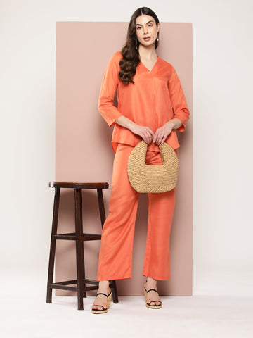 Orange Solid cotton slub V-neck top with regular sleeves with pant co-ord set.