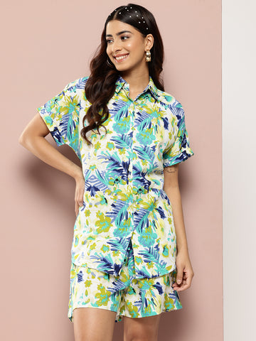 Tropical print shoulder drop shirt with short