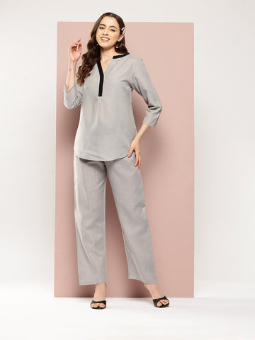 Grey Cotton slub Mandarin collar shirt with regular sleeves and pants co-ords sets