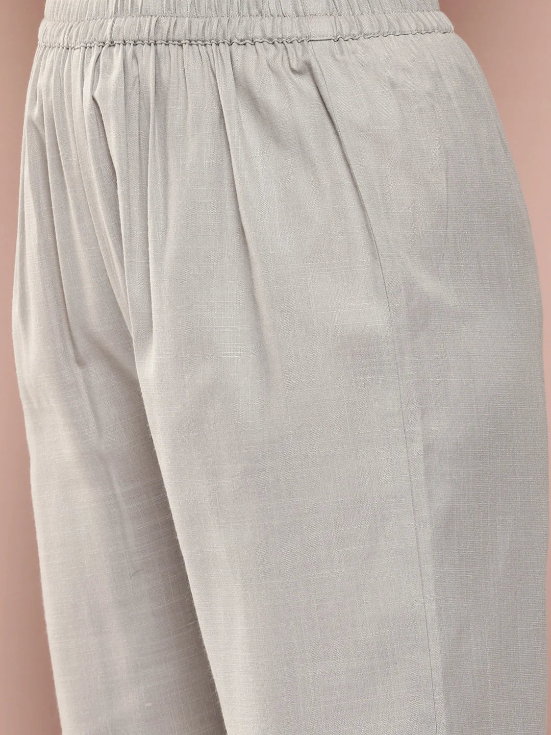 Grey Cotton slub Mandarin collar shirt with regular sleeves and pants co-ords sets