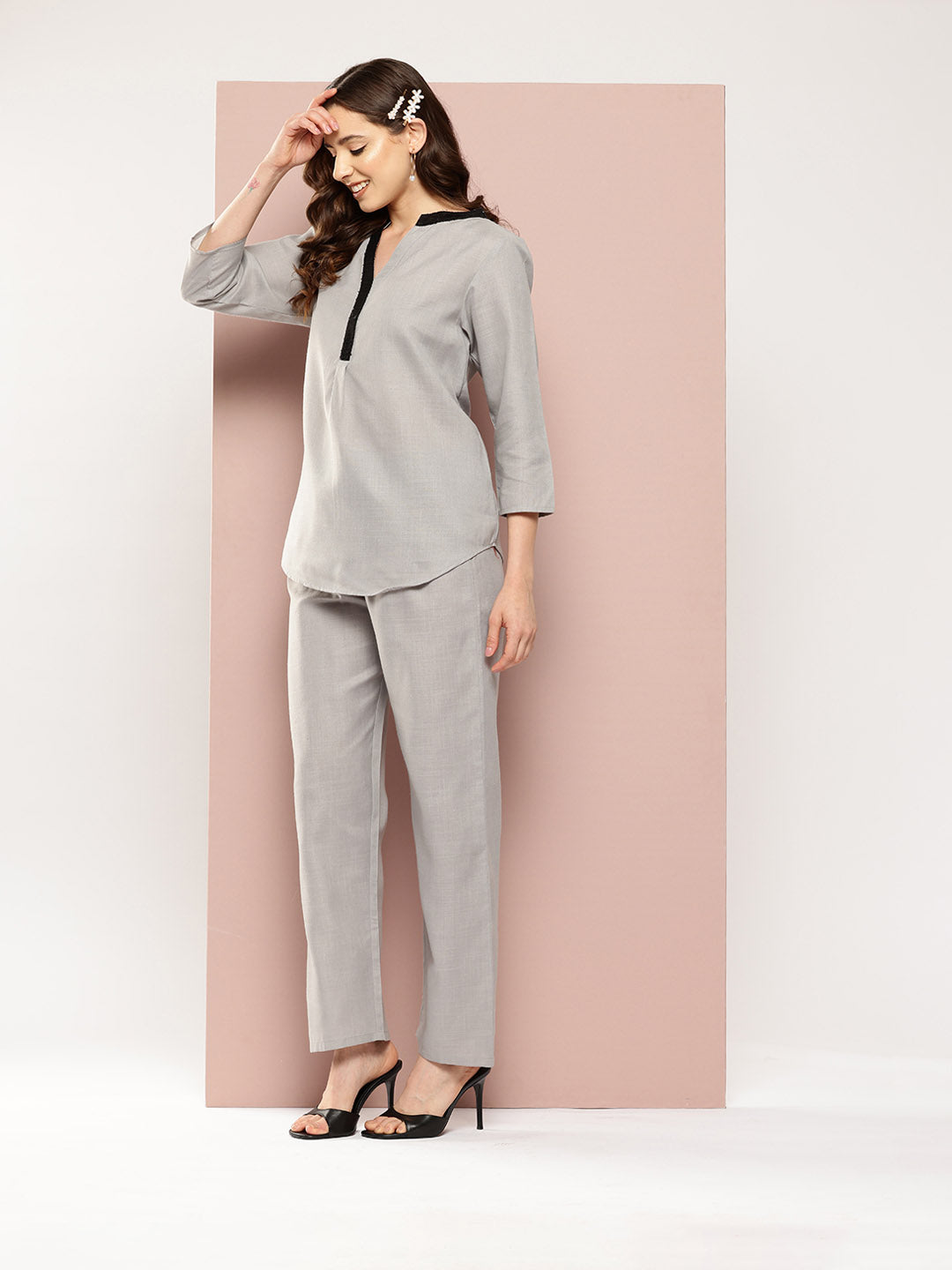 Grey Cotton slub Mandarin collar shirt with regular sleeves and pants co-ords sets