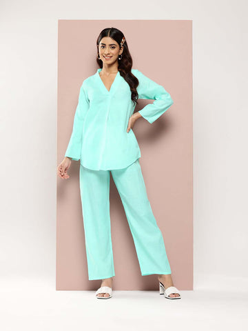 Sky Blue Cotton slub V-neck top with regular sleeves and pant co-ord set.