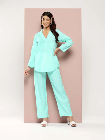 Sky Blue Cotton slub V-neck top with regular sleeves and pant co-ord set.