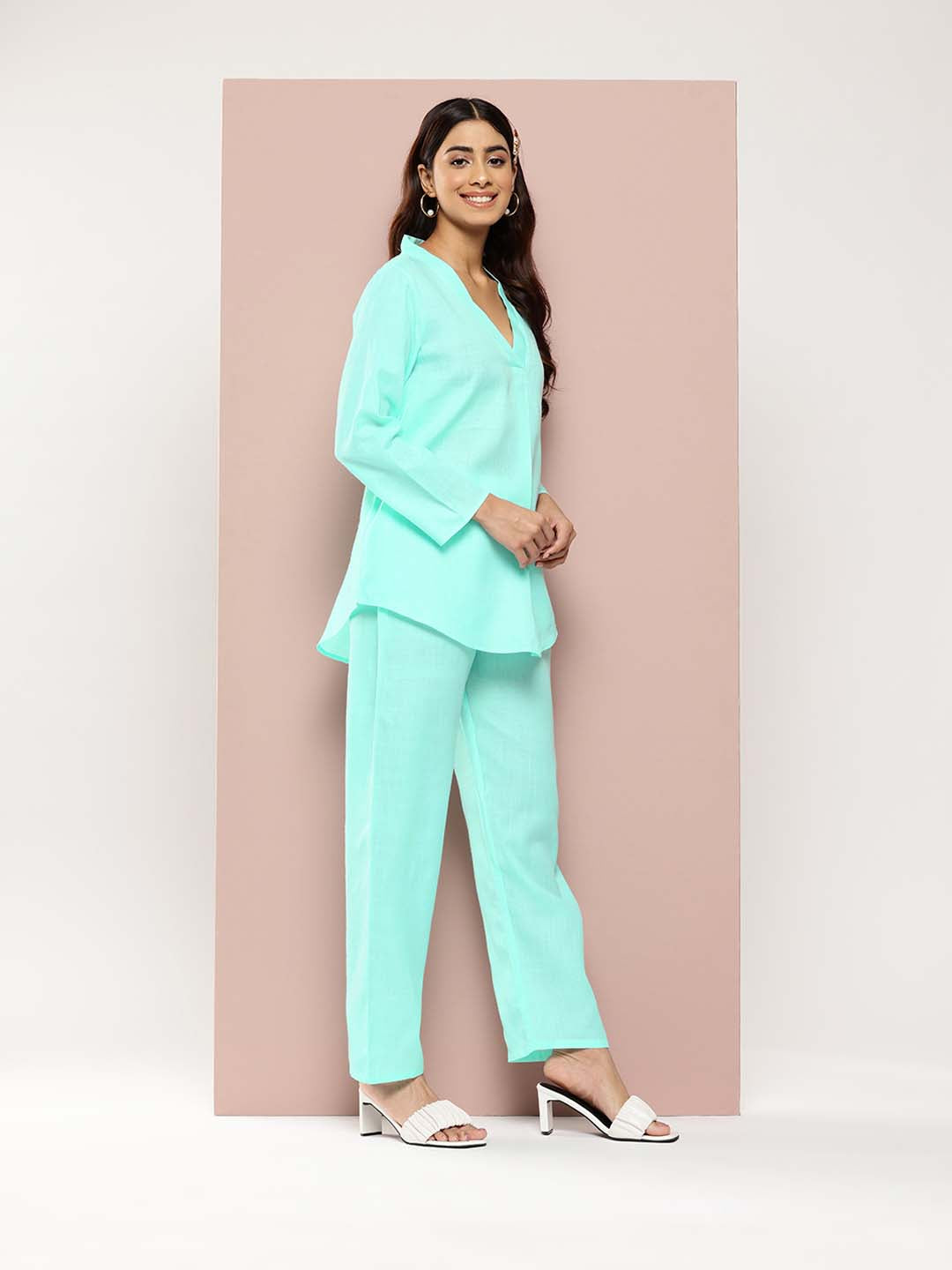 Sky Blue Cotton slub V-neck top with regular sleeves and pant co-ord set.