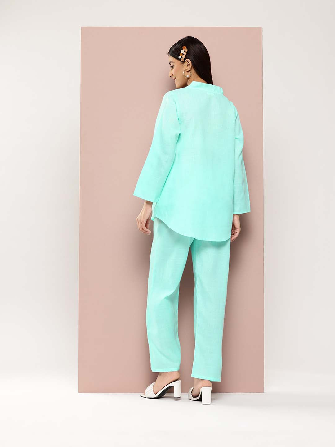 Sky Blue Cotton slub V-neck top with regular sleeves and pant co-ord set.