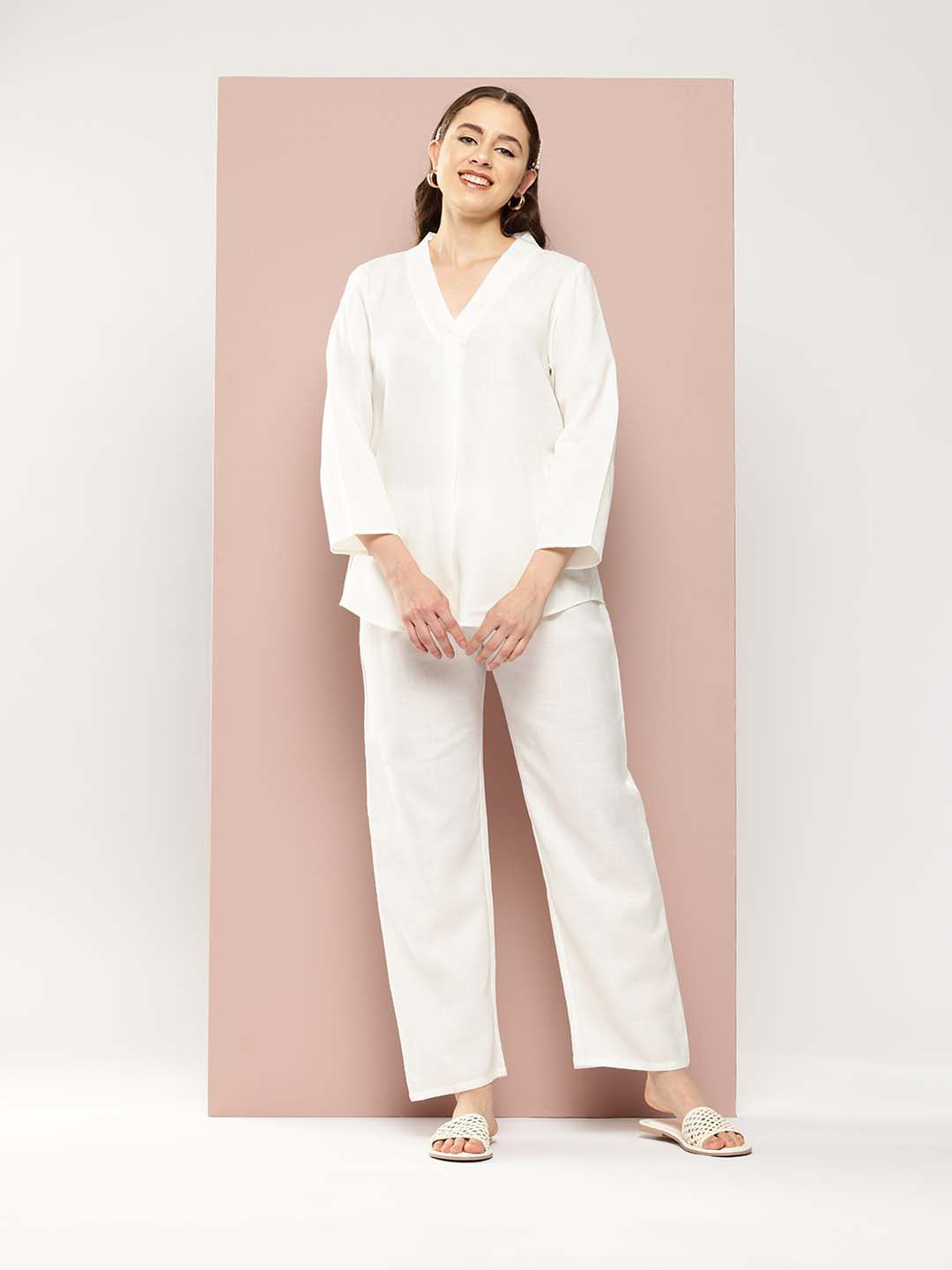 Off White Cotton slub V-neck top with regular sleeves and pant co-ord set.