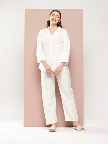 Off White Cotton slub V-neck top with regular sleeves and pant co-ord set.