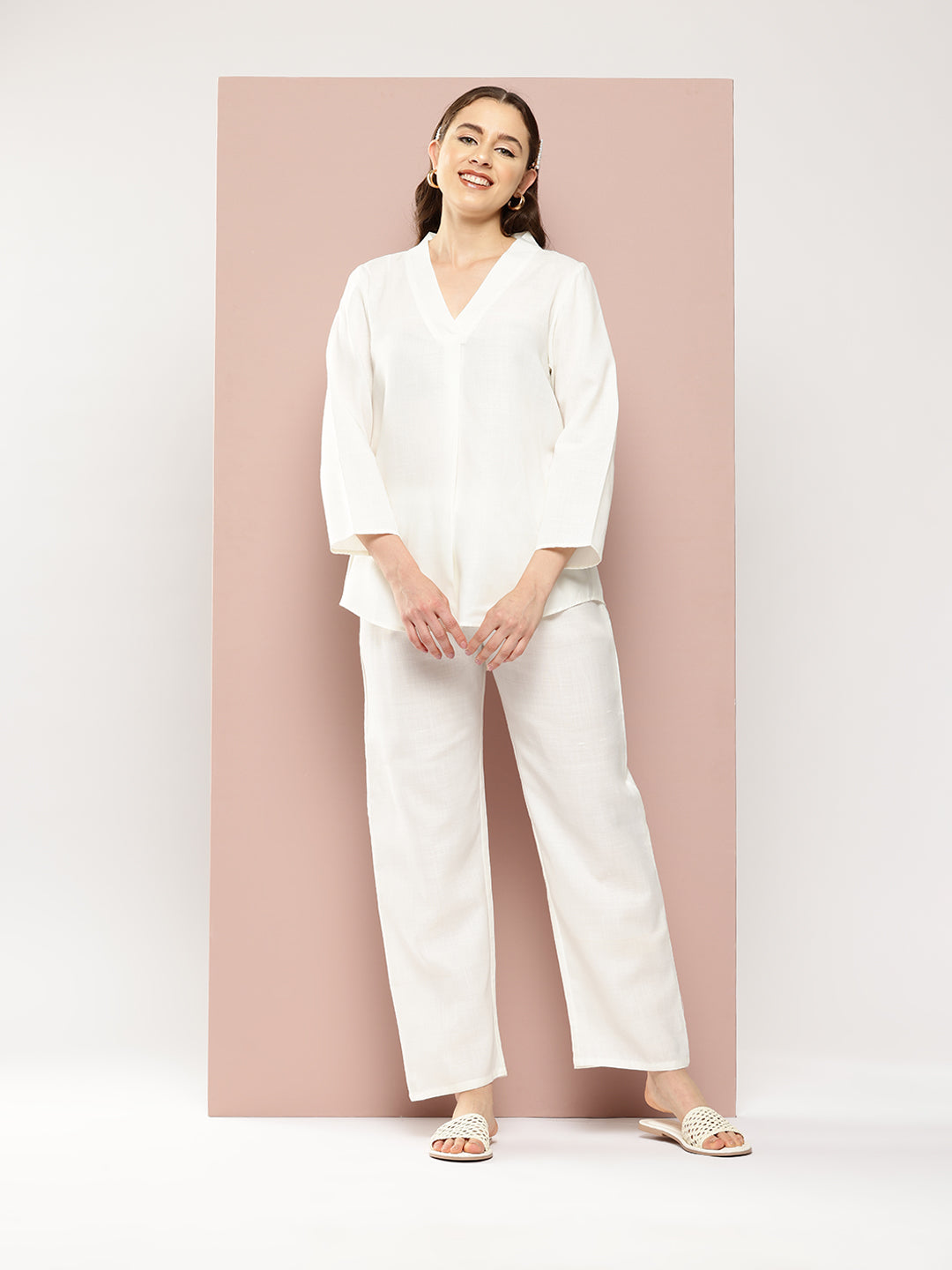 Off White Cotton slub V-neck top with regular sleeves and pant co-ord set.