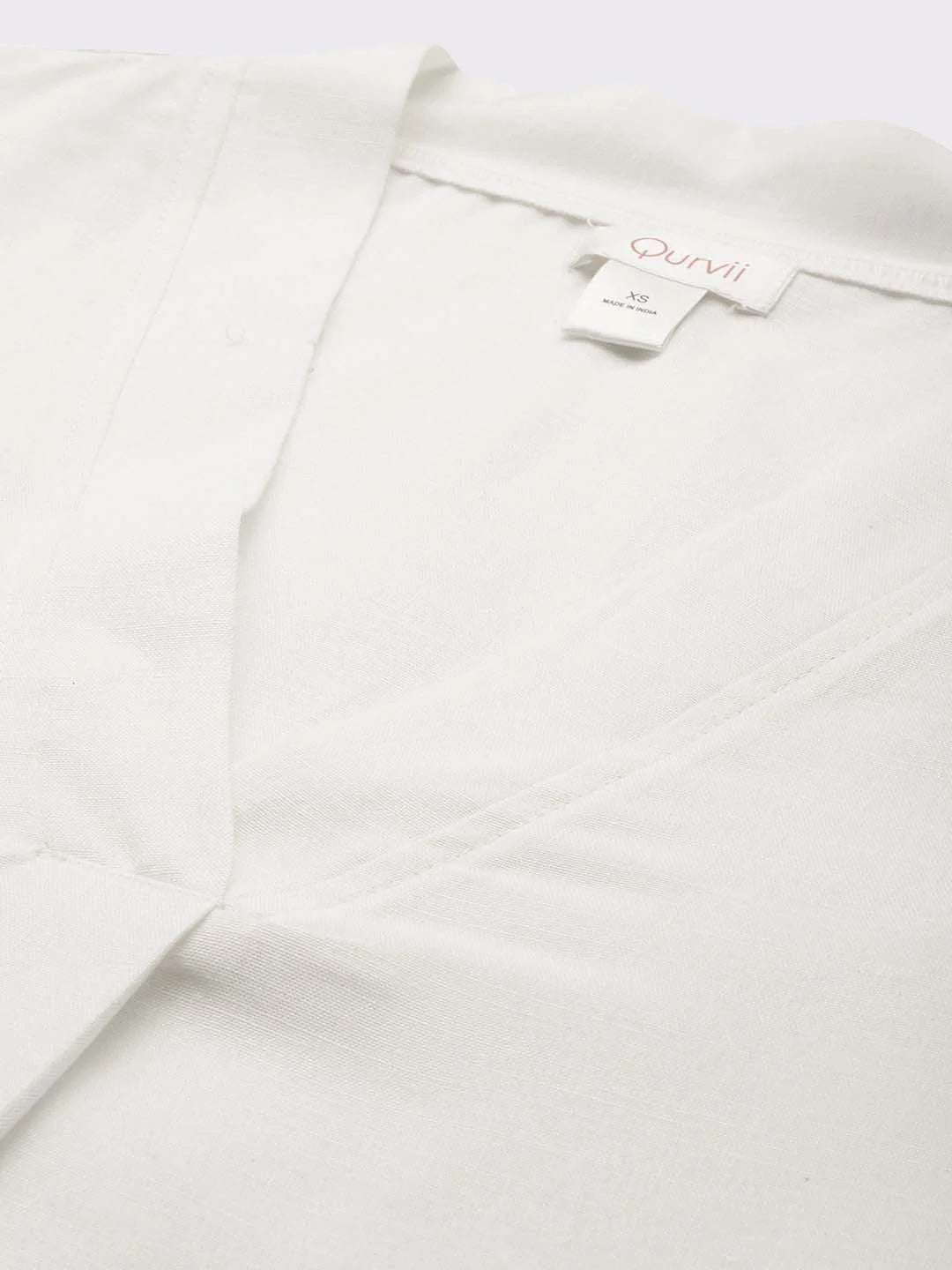 Off White Cotton slub V-neck top with regular sleeves and pant co-ord set.