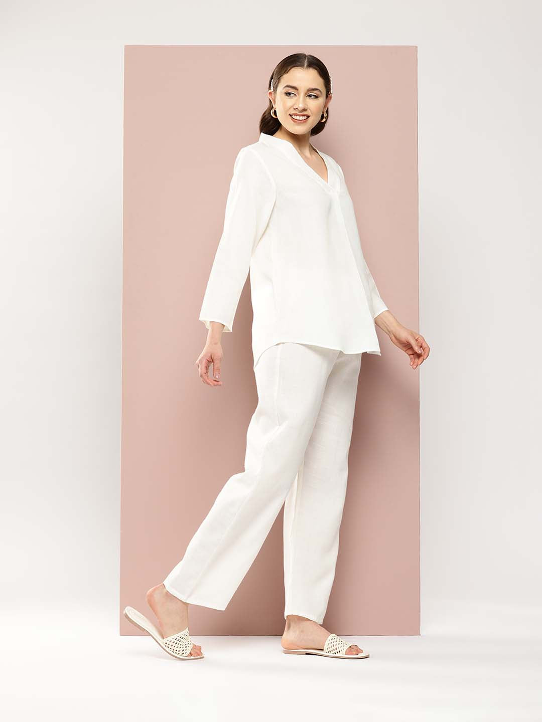 Off White Cotton slub V-neck top with regular sleeves and pant co-ord set.