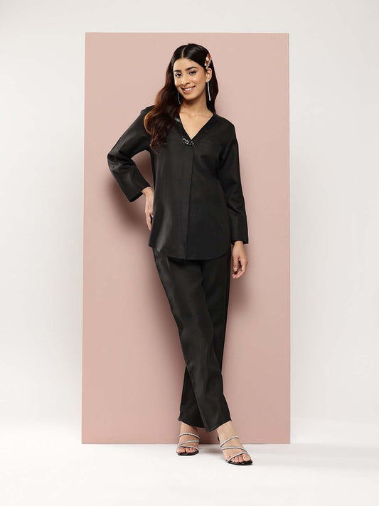 Black Cotton slub V-neck top with regular sleeves and pant co-ord set.