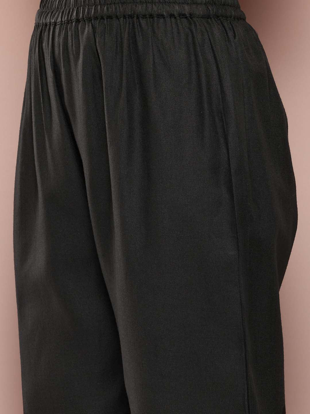 Black Cotton slub V-neck top with regular sleeves and pant co-ord set.