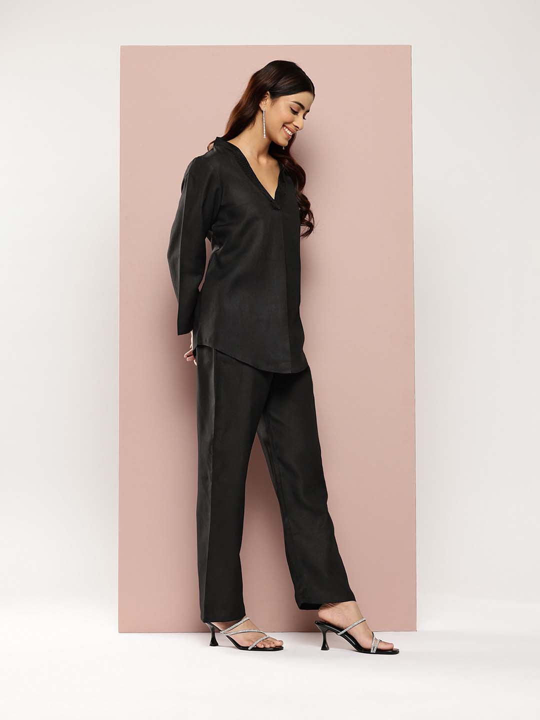 Black Cotton slub V-neck top with regular sleeves and pant co-ord set.