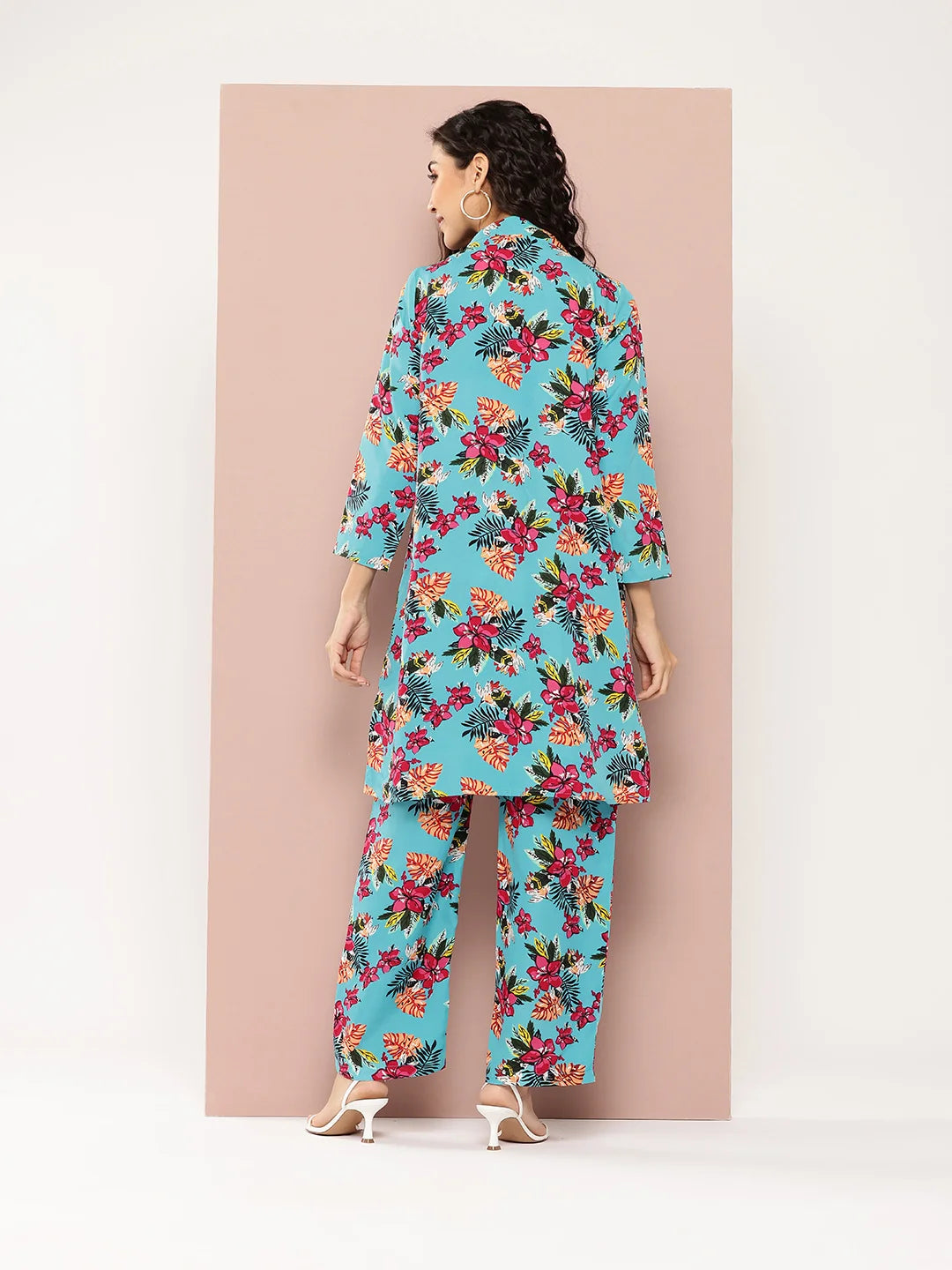 Tropical print shrug and pant co-ord sets.