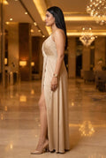 beige crepe dress — back view
