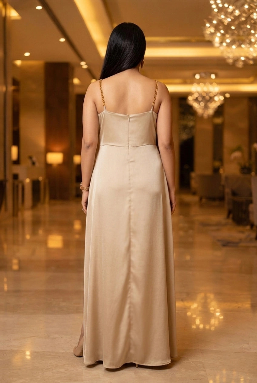 beige crepe dress — close-up detail