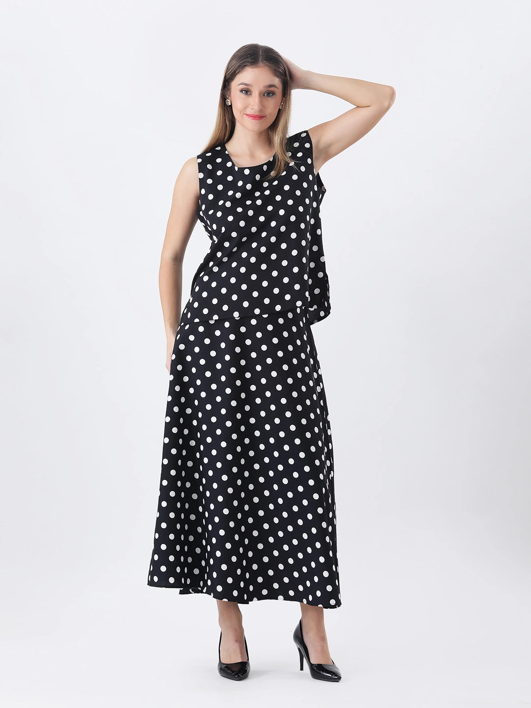 Black polka top with long a-line skirt co-ord set
