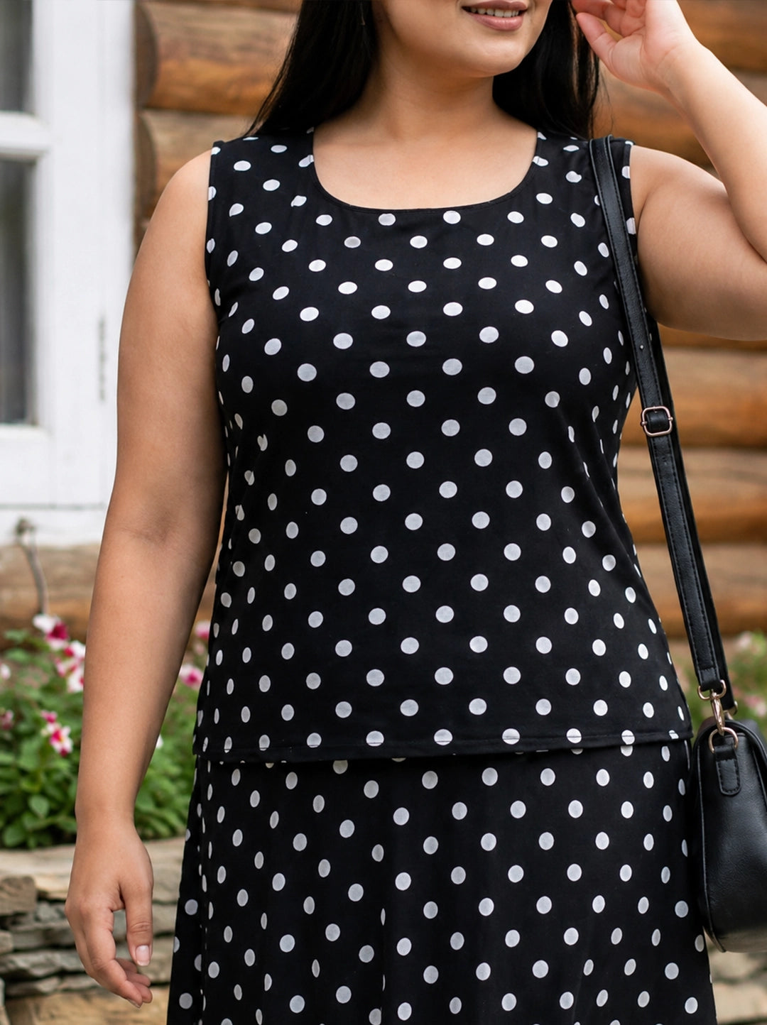 Black polka top with long a-line skirt co-ord set