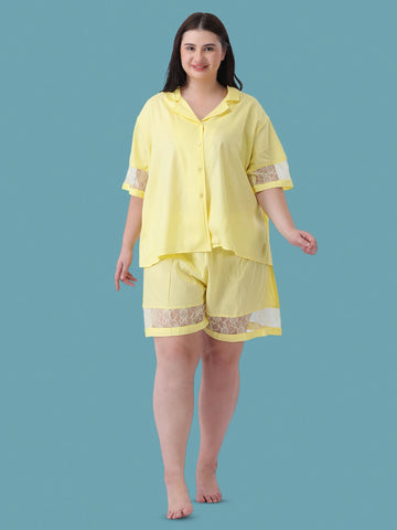 Lemon yellow notch collar shirt & shorts with lace detailing co-ord set