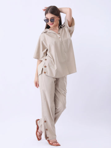 Solid polpin half placket shirt and pant with button detailing in side seam