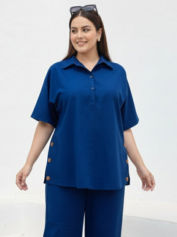 Navy Poplin half placket shirt