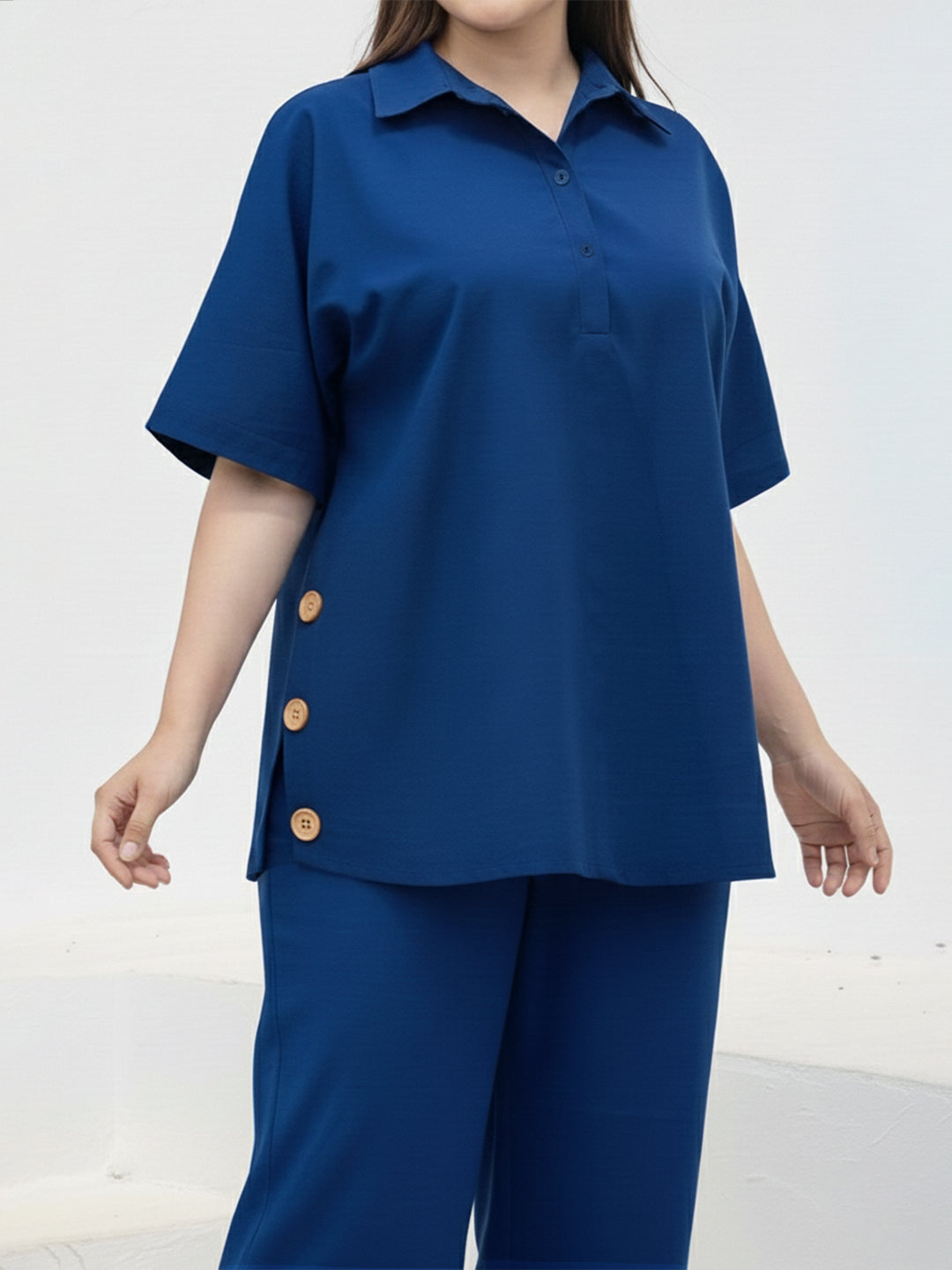 Navy Poplin half placket shirt