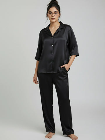 Black satin notch collar shirt with trouser co-ord set