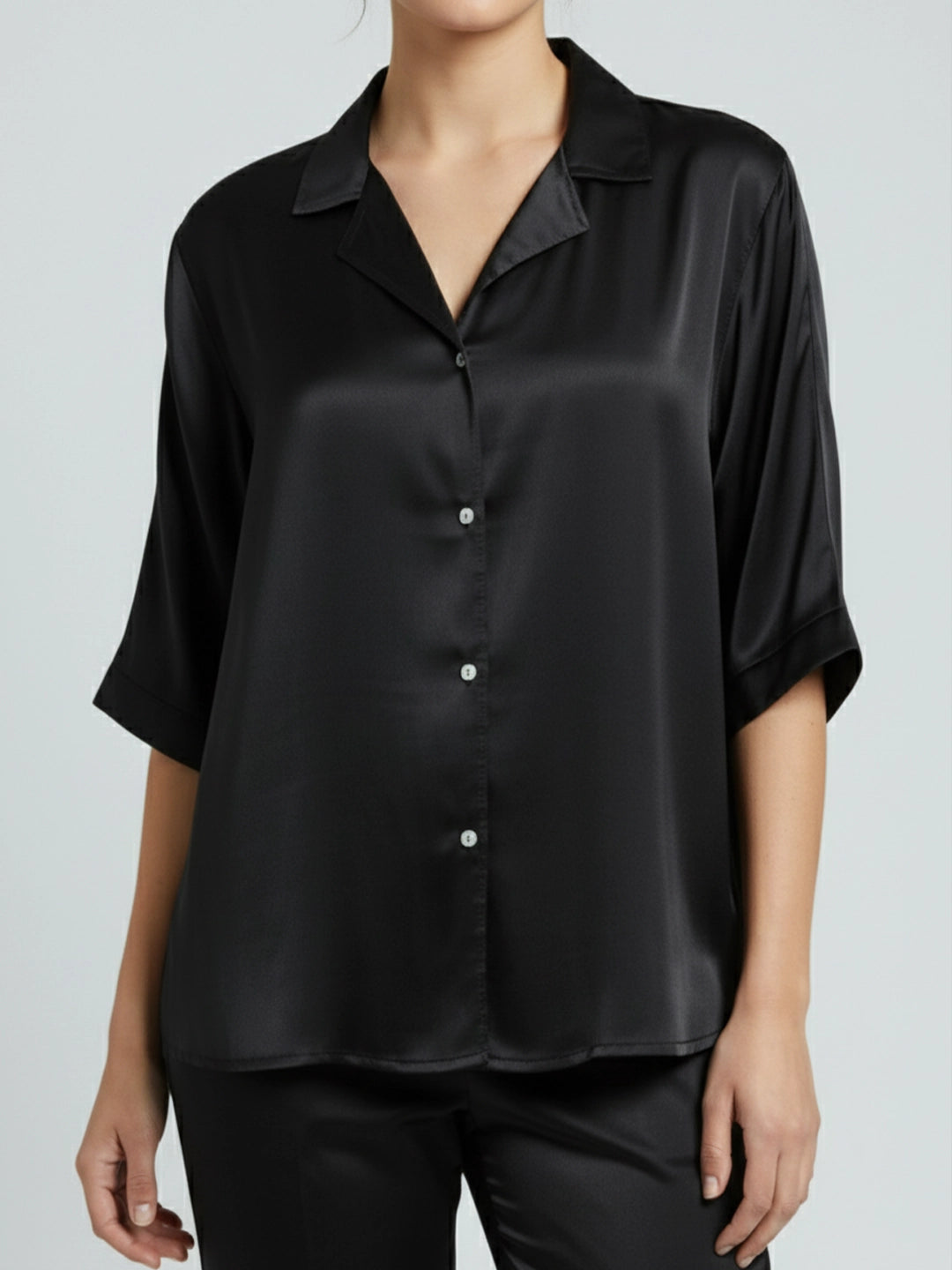 Black satin notch collar shirt with trouser co-ord set