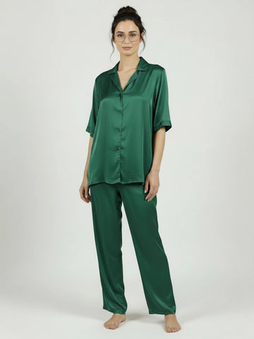 Bottle green satin notch collar shirt with trouser co-ord set