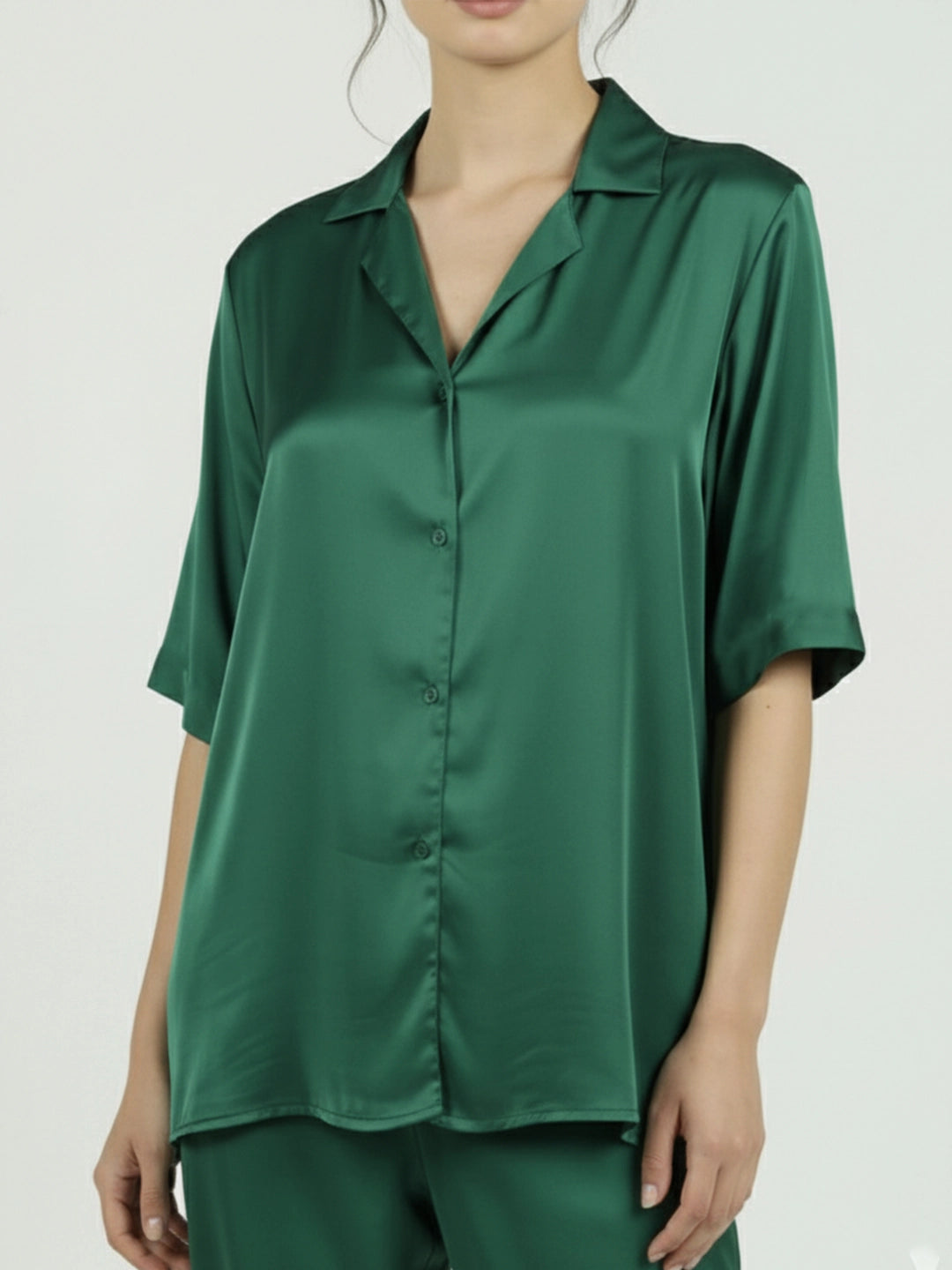 Bottle green satin notch collar shirt with trouser co-ord set