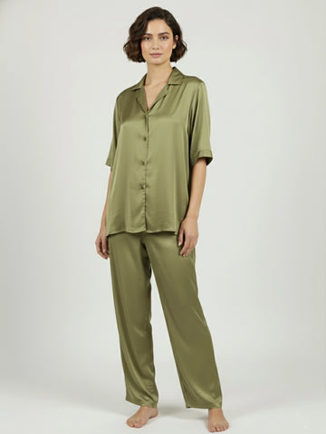 Olive satin notch collar shirt with trouser co-ord set