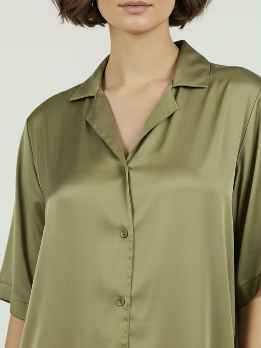 Olive satin notch collar shirt with trouser co-ord set