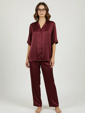 Maroon satin notch collar shirt with trouser co-ord set