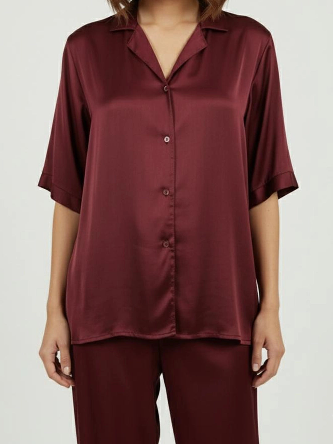 Maroon satin notch collar shirt with trouser co-ord set