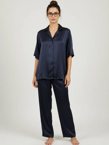 Navy satin notch collar shirt with trouser co-ord set