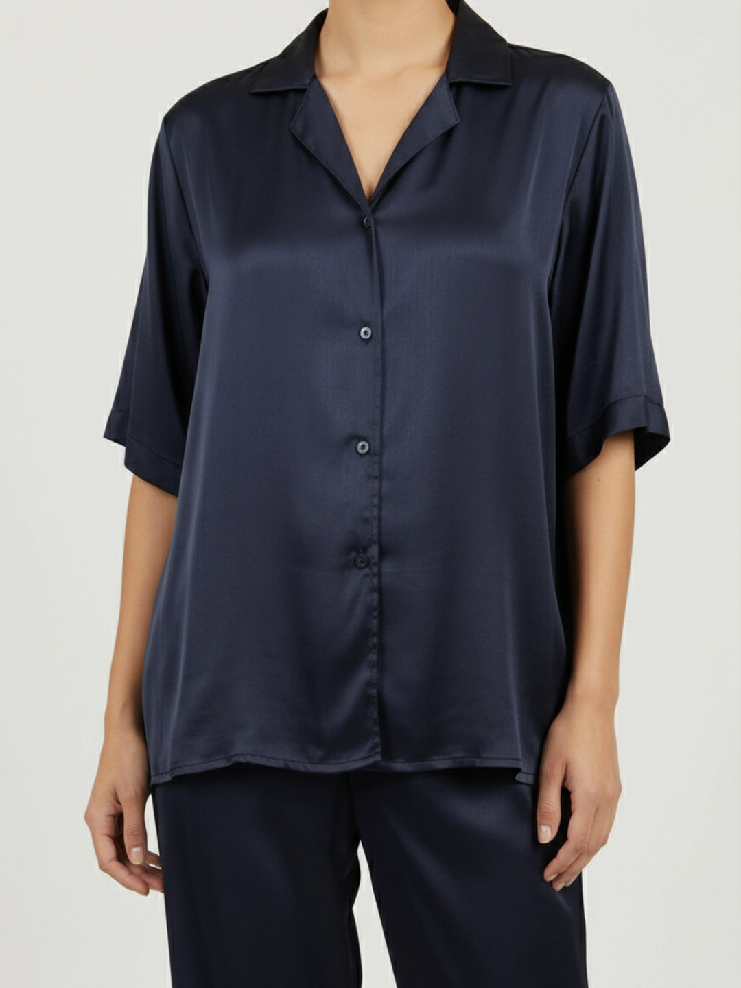 Navy satin notch collar shirt with trouser co-ord set