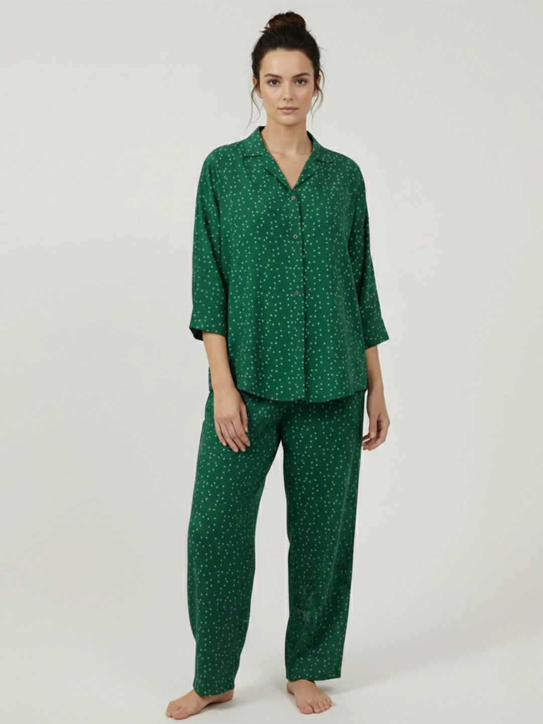 Green printed notch collar shirt with trouser co-ord set