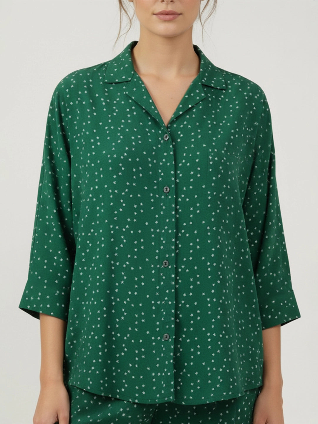 Green printed notch collar shirt with trouser co-ord set