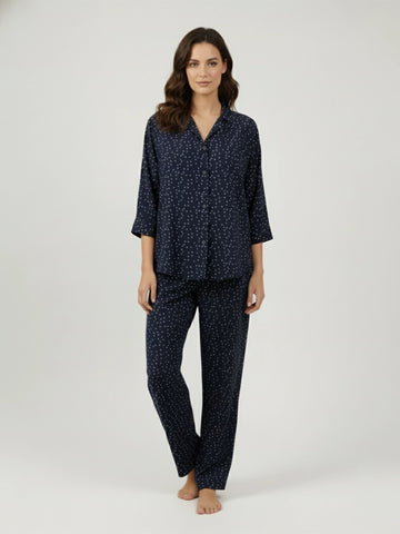 Navy printed notch collar shirt with trouser co-ord set