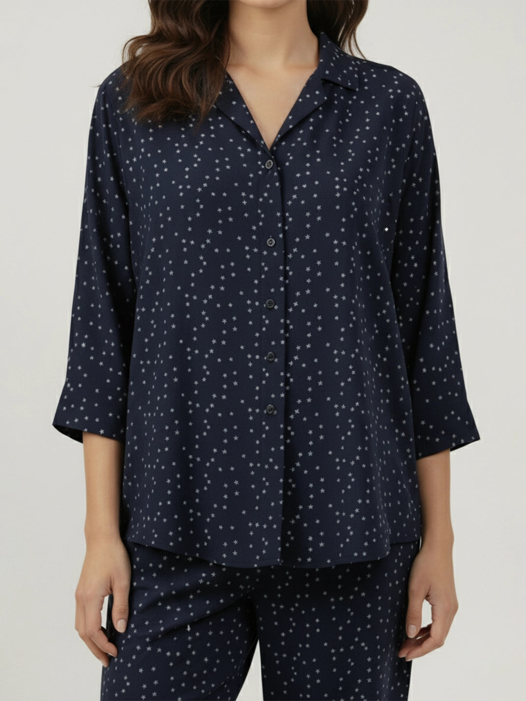 Navy printed notch collar shirt with trouser co-ord set