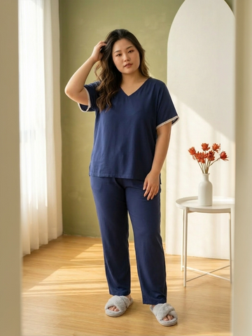 Navy blue rayon V neck coord set