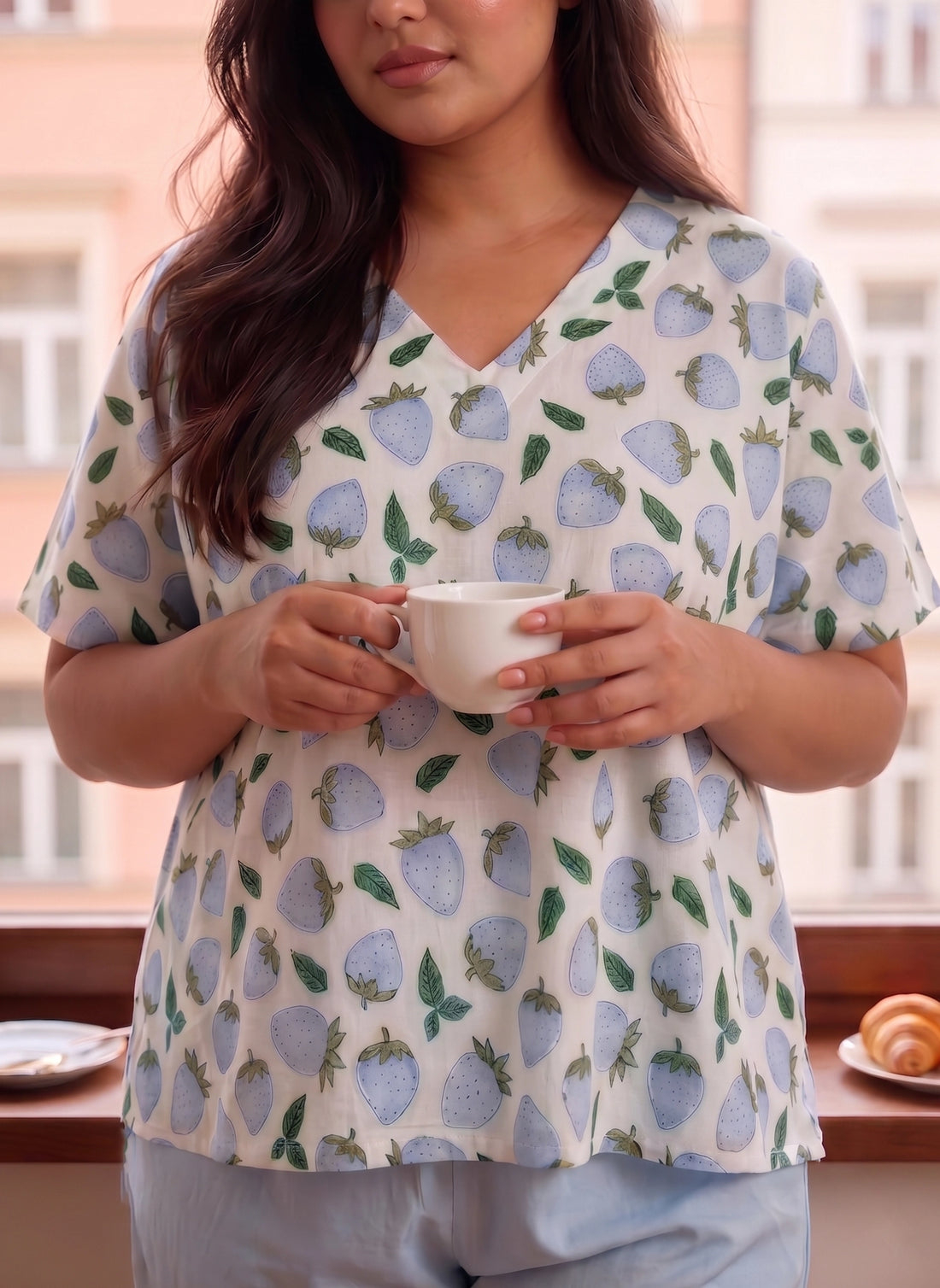 Cotton Blue Strawberry Print Coord