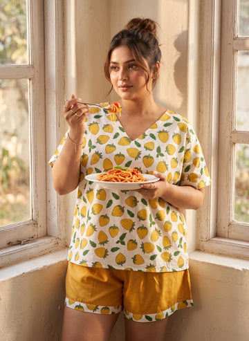 Yellow Strawberry Print Cotton Coord
