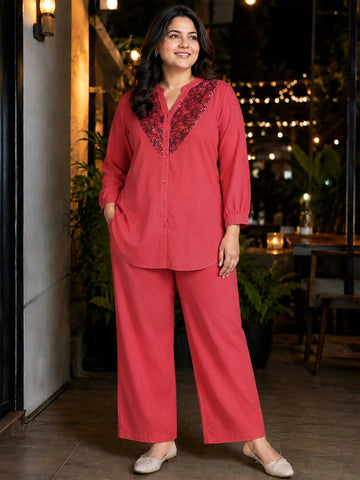 Coral pink cotton sequined coord set