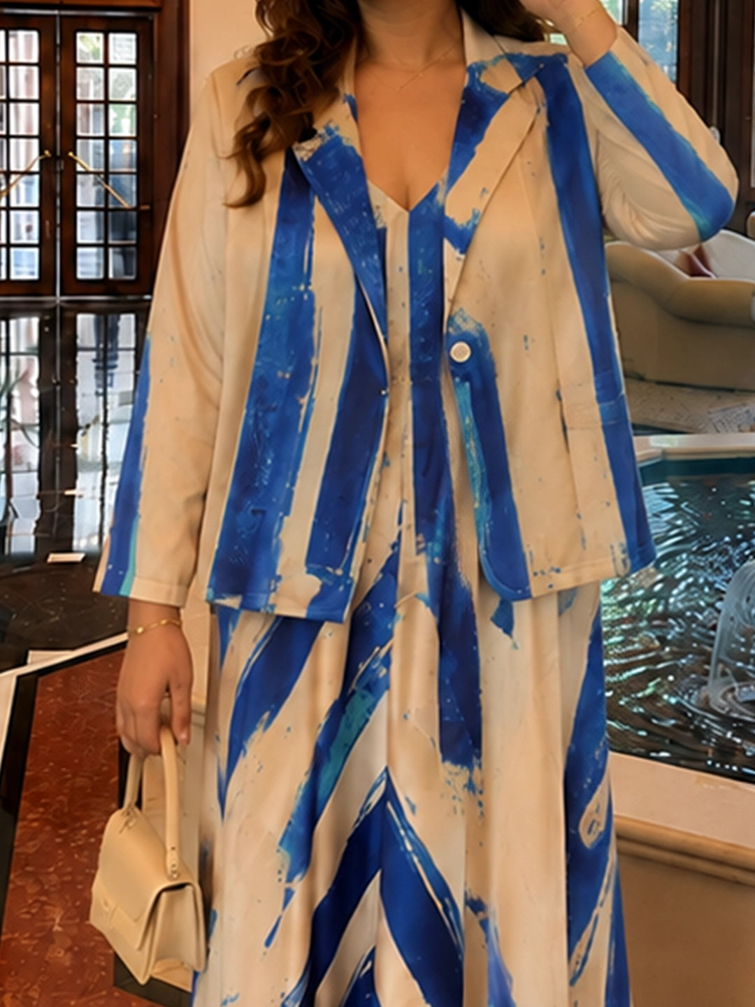 Beige abstract print blazer & dress