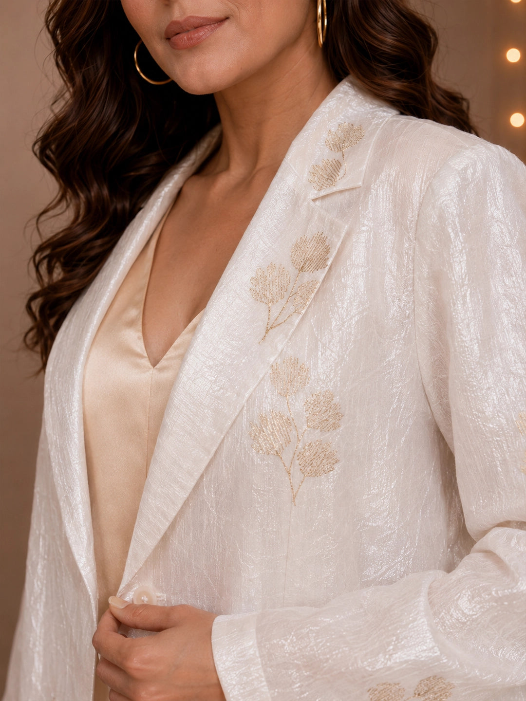 White blazer with beige dress