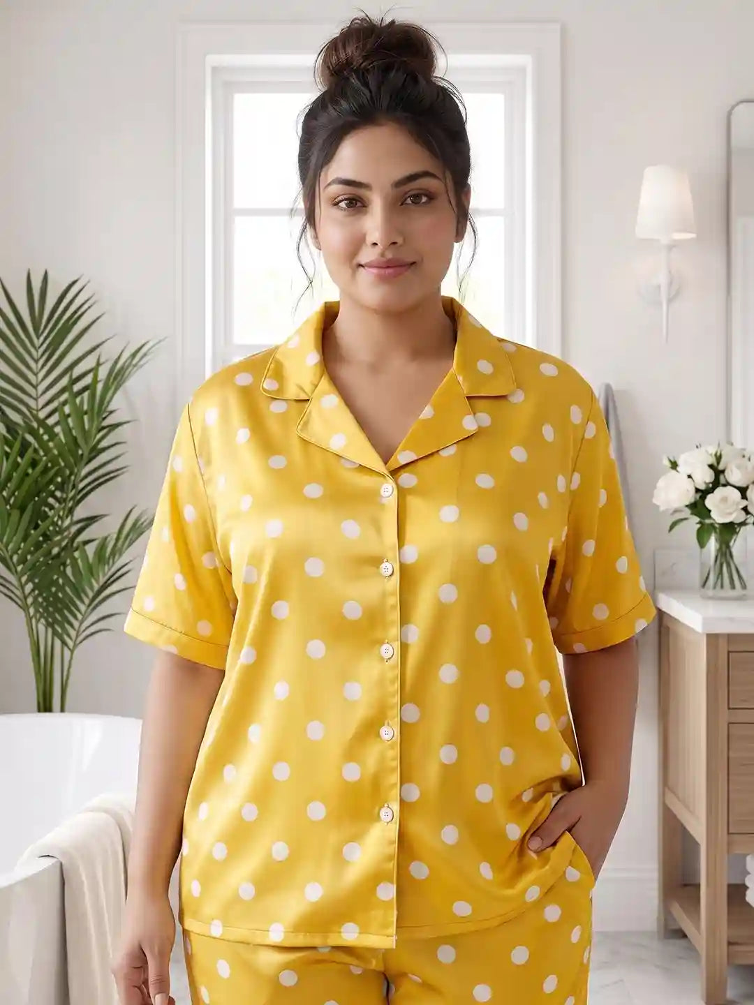 Yellow polka satin nightwear