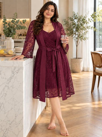Burgundy floral net night wear
