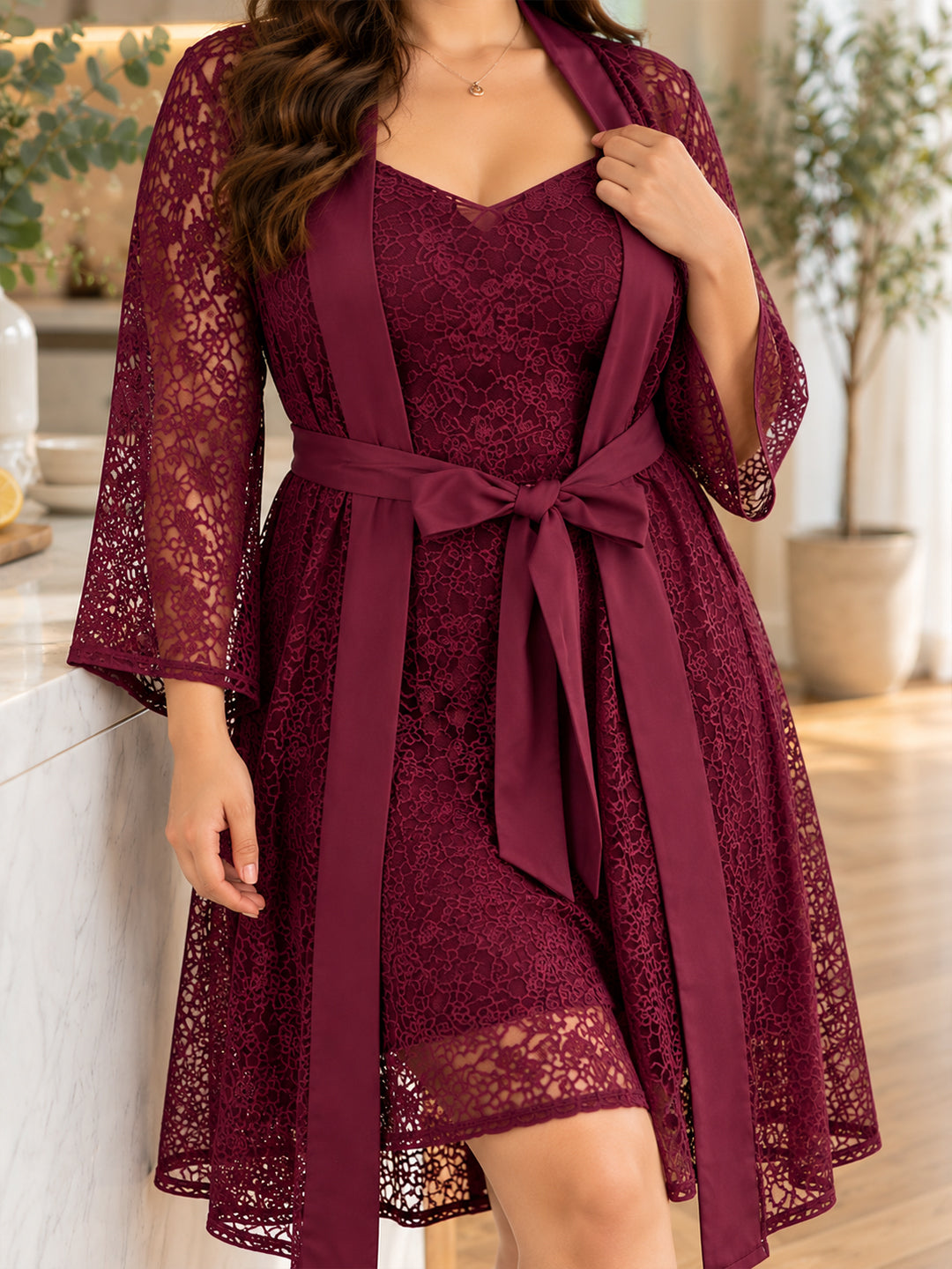 Burgundy floral net night wear